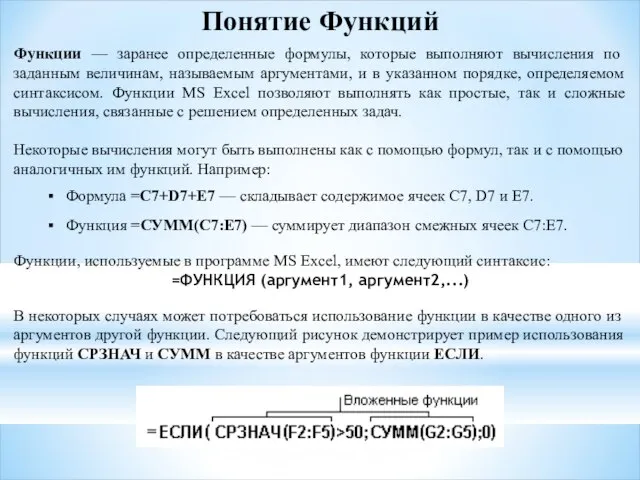 Понятие Функций Функции — заранее определенные формулы, которые выполняют вычисления по