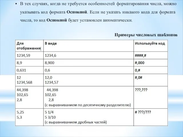 В тех случаях, когда не требуется особенностей форматирования числа, можно указывать