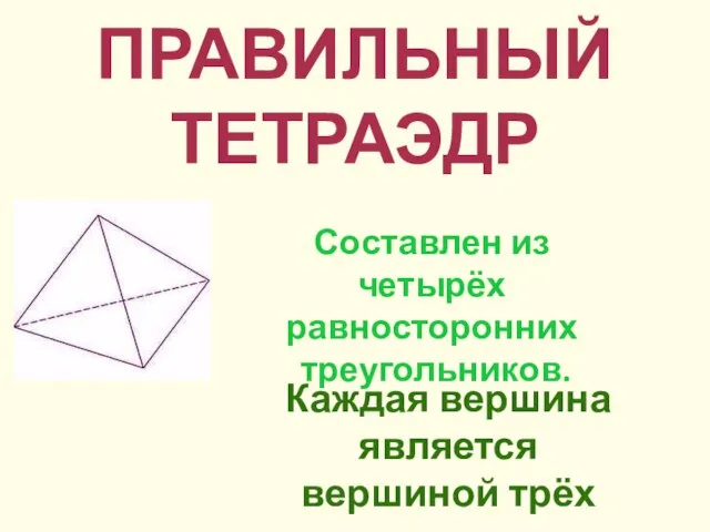 Составлен из четырёх равносторонних треугольников. Каждая вершина является вершиной трёх треугольников. ПРАВИЛЬНЫЙ ТЕТРАЭДР