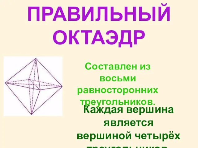 ПРАВИЛЬНЫЙ ОКТАЭДР Составлен из восьми равносторонних треугольников. Каждая вершина является вершиной четырёх треугольников.