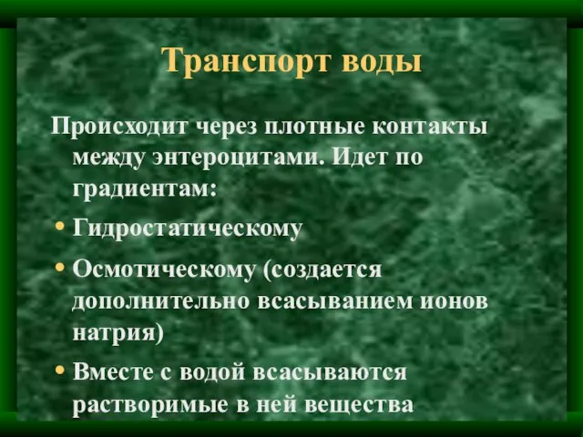 Транспорт воды Происходит через плотные контакты между энтероцитами. Идет по градиентам: