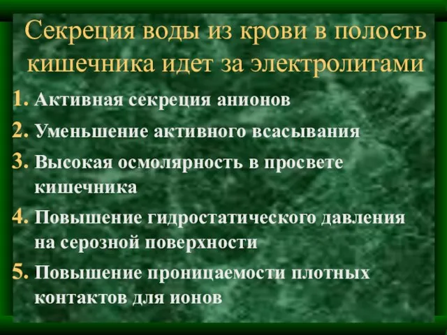 Секреция воды из крови в полость кишечника идет за электролитами Активная