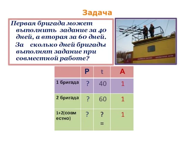 Первая бригада может выполнить задание за 40 дней, а вторая за