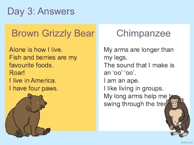 Day 3: Answers Brown Grizzly Bear Chimpanzee Alone is how I