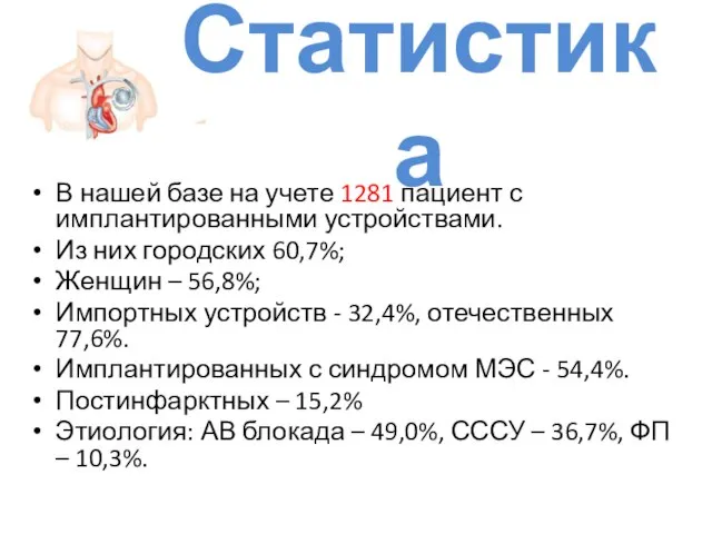 Статистика В нашей базе на учете 1281 пациент с имплантированными устройствами.