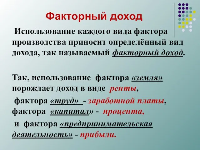 Факторный доход Использование каждого вида фактора производства приносит определённый вид дохода,