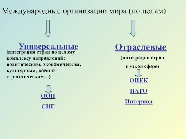 Универсальные Отраслевые (интеграция стран по целому комплексу направлений: политическим, экономическим, культурным,