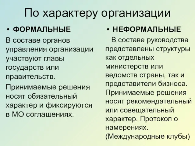 По характеру организации ФОРМАЛЬНЫЕ В составе органов управления организации участвуют главы