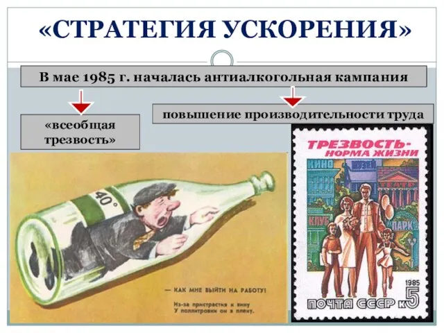 В мае 1985 г. началась антиалкогольная кампания «всеобщая трезвость» повышение производительности труда «СТРАТЕГИЯ УСКОРЕНИЯ»