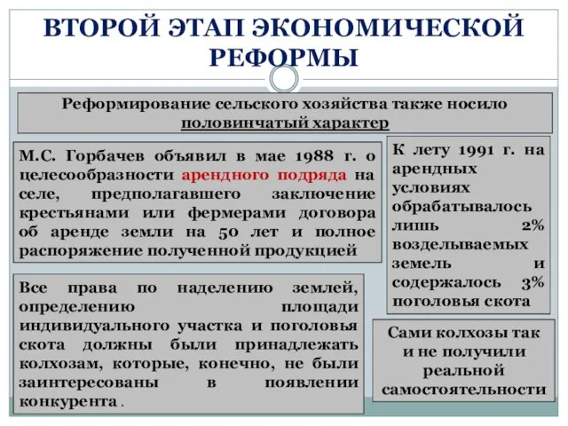 Реформирование сельского хозяйства также носило половинчатый характер М.С. Горбачев объявил в