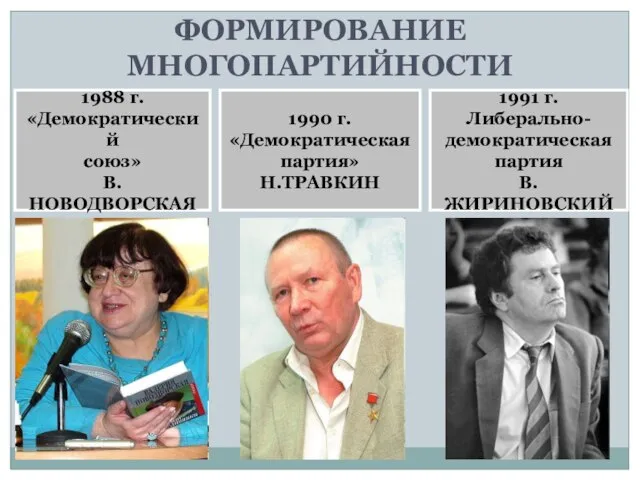 1988 г. «Демократический союз» В. НОВОДВОРСКАЯ 1990 г. «Демократическая партия» Н.ТРАВКИН