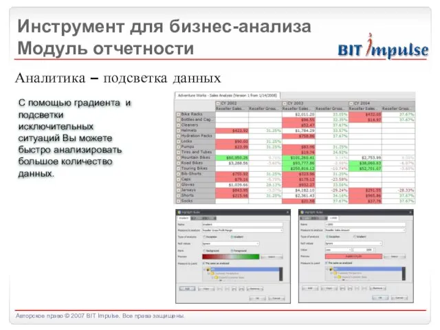 Инструмент для бизнес-анализа Модуль отчетности Аналитика – подсветка данных С помощью