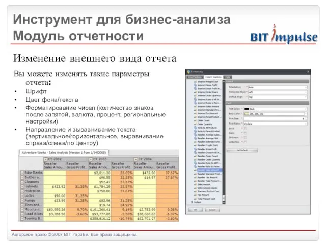 Инструмент для бизнес-анализа Модуль отчетности Изменение внешнего вида отчета Вы можете