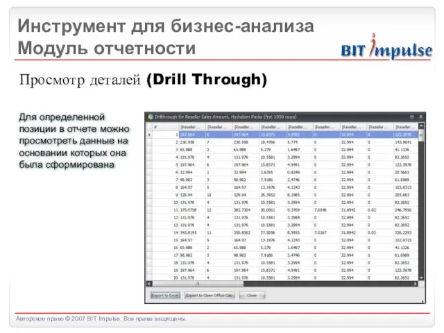 Инструмент для бизнес-анализа Модуль отчетности Просмотр деталей (Drill Through) Для определенной