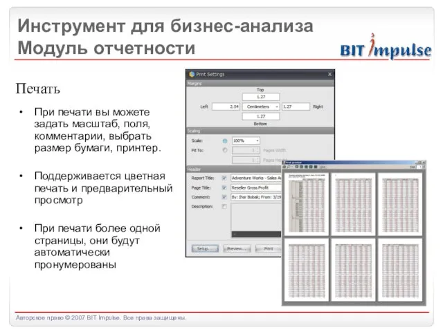 Инструмент для бизнес-анализа Модуль отчетности Печать При печати вы можете задать