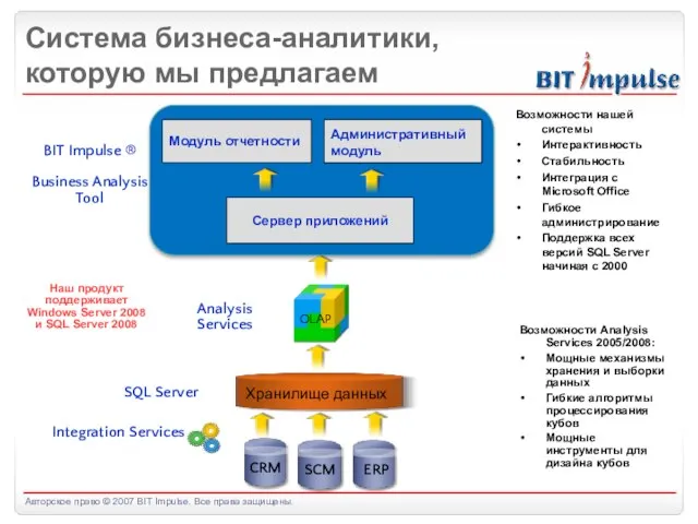 Система бизнеса-аналитики, которую мы предлагаем Хранилище данных Integration Services Analysis Services