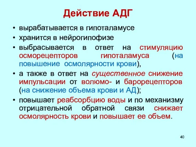 Действие АДГ вырабатывается в гипоталамусе хранится в нейрогипофизе выбрасывается в ответ