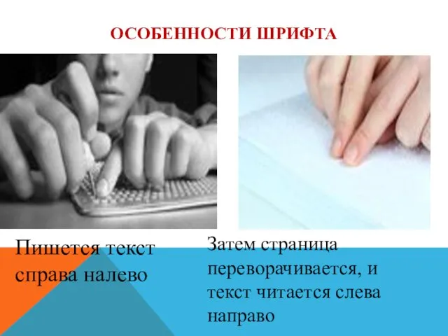 ОСОБЕННОСТИ ШРИФТА Пишется текст справа налево Затем страница переворачивается, и текст читается слева направо