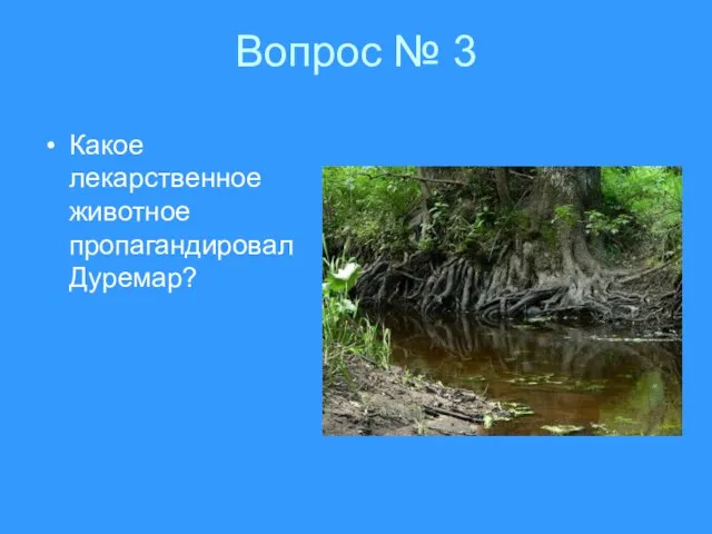 Вопрос № 3 Какое лекарственное животное пропагандировал Дуремар?