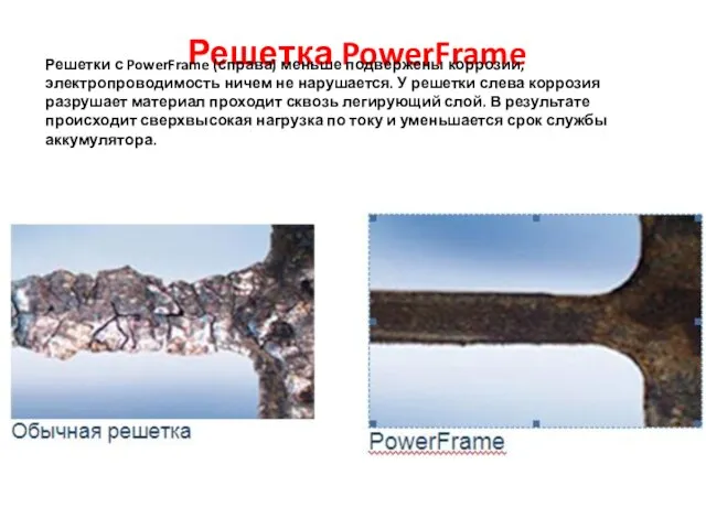 Решетка PowerFrame Решетки с PowerFrame (справа) меньше подвержены коррозии, электропроводимость ничем