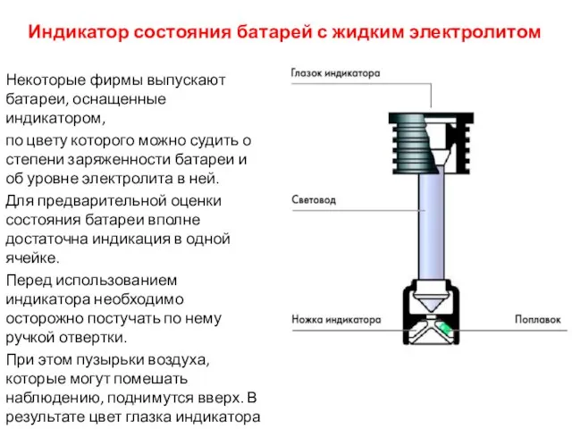 Индикатор состояния батарей с жидким электролитом Некоторые фирмы выпускают батареи, оснащенные