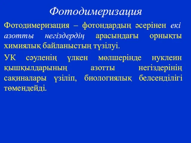 Фотодимеризация Фотодимеризация – фотондардың әсерінен екі азотты негіздердің арасындағы орнықты химиялық