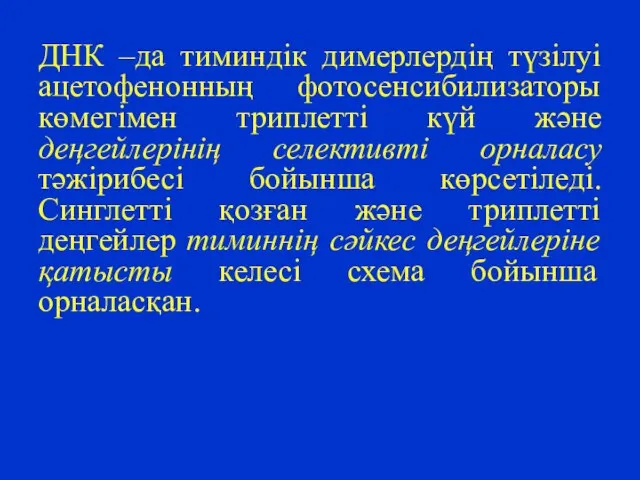 ДНК –да тиминдік димерлердің түзілуі ацетофенонның фотосенсибилизаторы көмегімен триплетті күй және