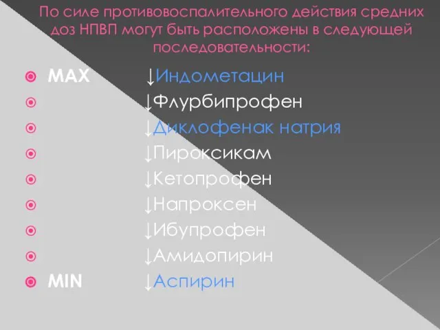 По силе противовоспалительного действия средних доз НПВП могут быть расположены в