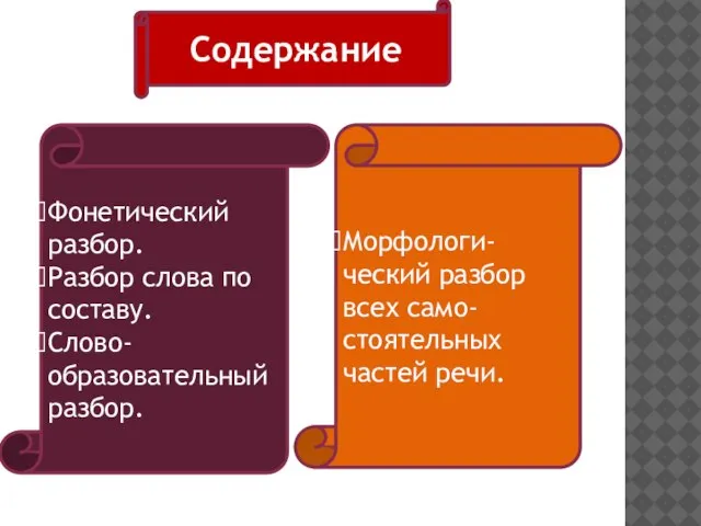 Фонетический разбор. Разбор слова по составу. Слово- образовательный разбор. Морфологи- ческий