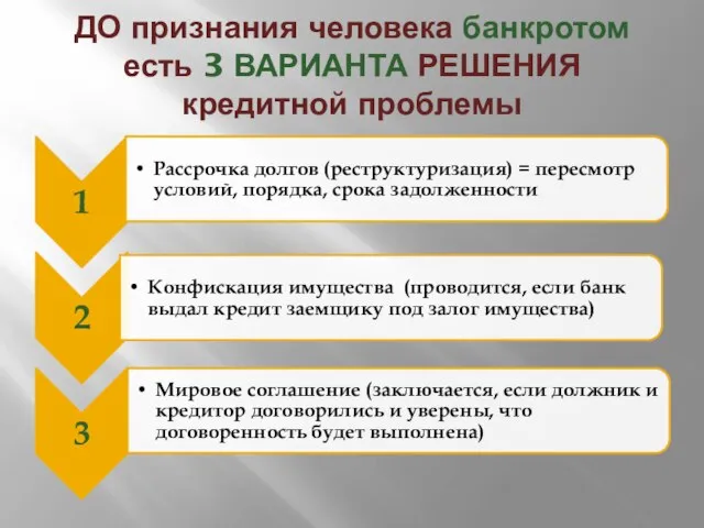 ДО признания человека банкротом есть 3 ВАРИАНТА РЕШЕНИЯ кредитной проблемы