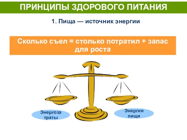 ПРИНЦИПЫ ЗДОРОВОГО ПИТАНИЯ 1. Пища — источник энергии Сколько съел =