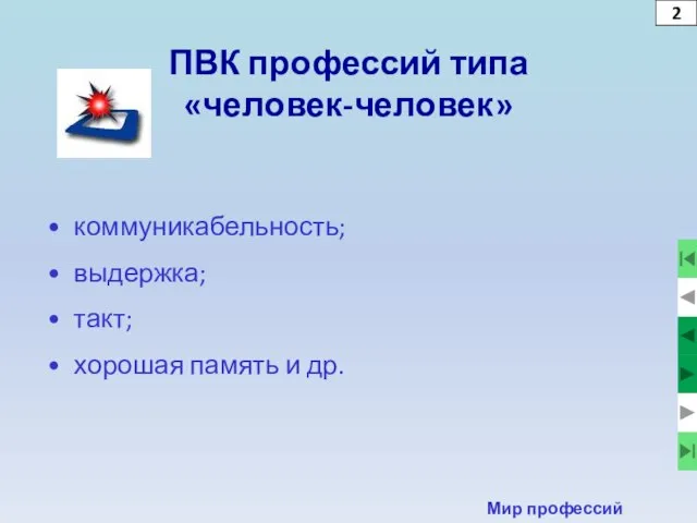 2 Мир профессий ПВК профессий типа «человек-человек» коммуникабельность; выдержка; такт; хорошая память и др.