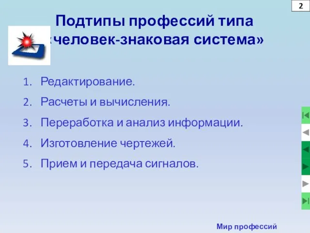 2 Мир профессий Подтипы профессий типа «человек-знаковая система» Редактирование. Расчеты и