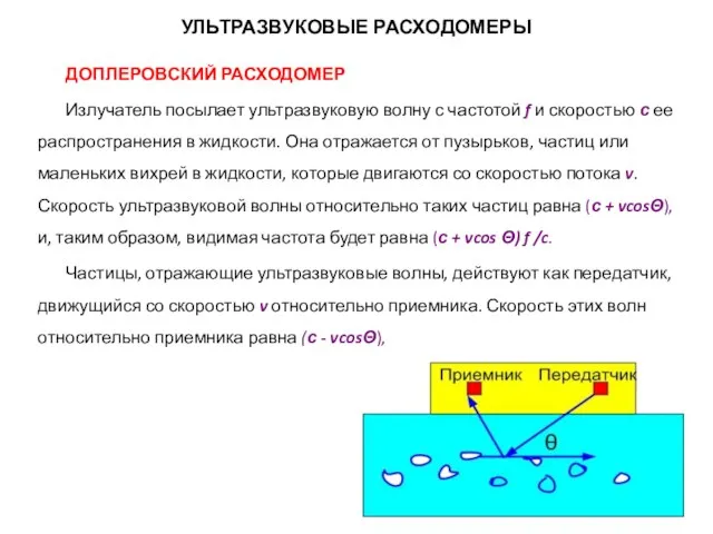 УЛЬТРАЗВУКОВЫЕ РАСХОДОМЕРЫ ДОПЛЕРОВСКИЙ РАСХОДОМЕР Излучатель посылает ультразвуковую волну с частотой f