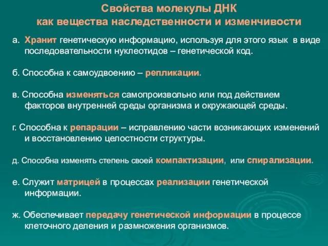 Свойства молекулы ДНК как вещества наследственности и изменчивости а. Хранит генетическую