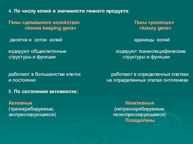 4. По числу копий и значимости генного продукта: Гены «домашнего хозяйства»