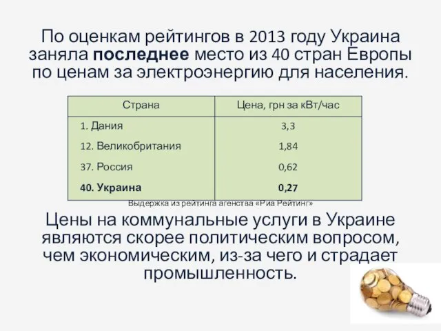 По оценкам рейтингов в 2013 году Украина заняла последнее место из