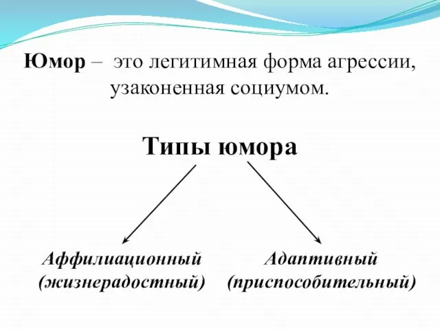 Юмор – это легитимная форма агрессии, узаконенная социумом. Типы юмора Аффилиационный (жизнерадостный) Адаптивный (приспособительный)