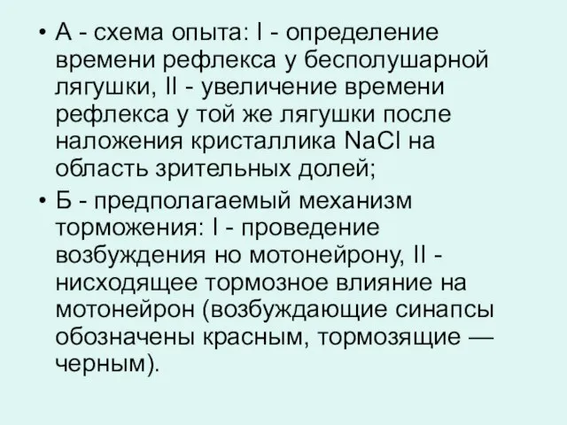 А - схема опыта: I - определение времени рефлекса у бесполушарной