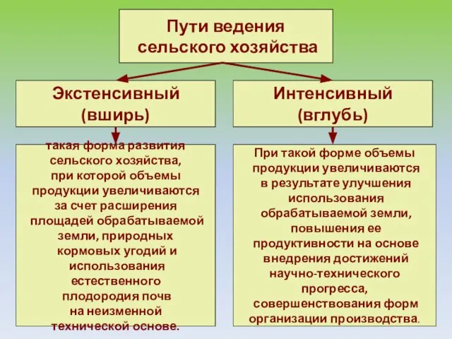 Пути ведения сельского хозяйства Экстенсивный (вширь) Интенсивный (вглубь) такая форма развития