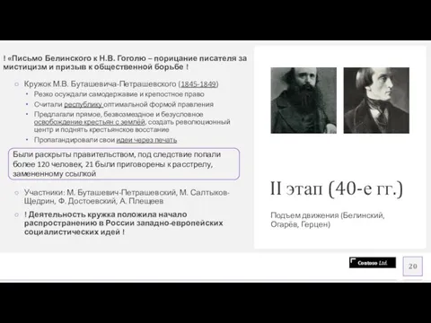 II этап (40-е гг.) Подъем движения (Белинский, Огарёв, Герцен) Кружок М.В.