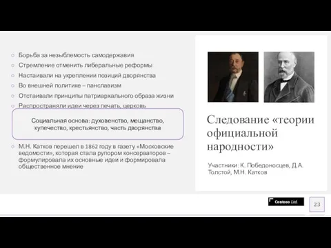 Следование «теории официальной народности» Участники: К. Победоносцев, Д.А. Толстой, М.Н. Катков