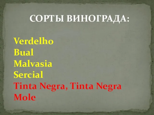 СОРТЫ ВИНОГРАДА: Verdelho Bual Malvasia Sercial Tinta Negra, Tinta Negra Mole