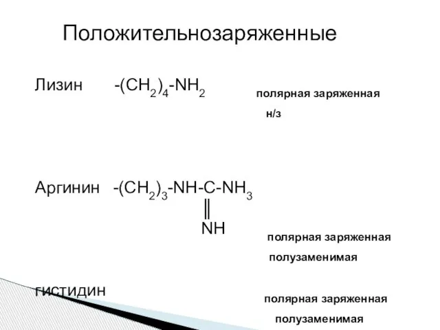 Лизин -(СН2)4-NH2 полярная заряженная н/з Аргинин -(СН2)3-NH-C-NH3 ║ NH полярная заряженная