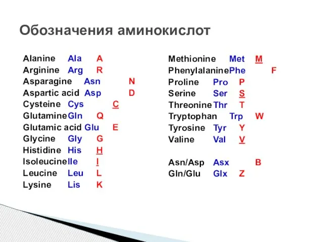 Alanine Ala A Arginine Arg R Asparagine Asn N Aspartic acid