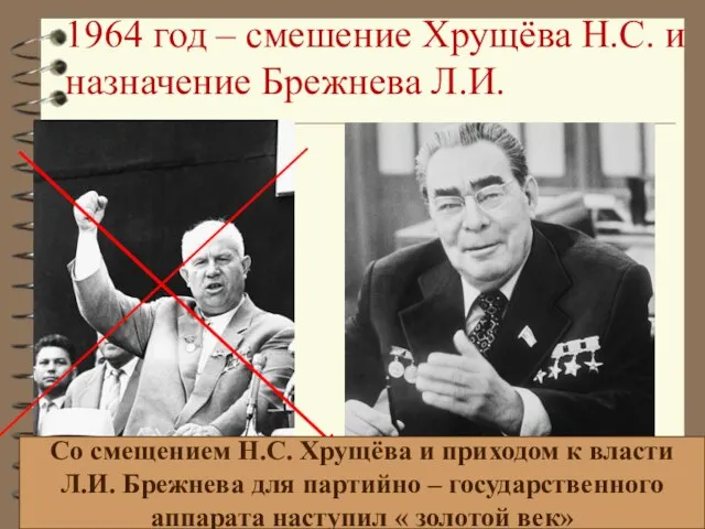 1964 год – смешение Хрущёва Н.С. и назначение Брежнева Л.И. Со