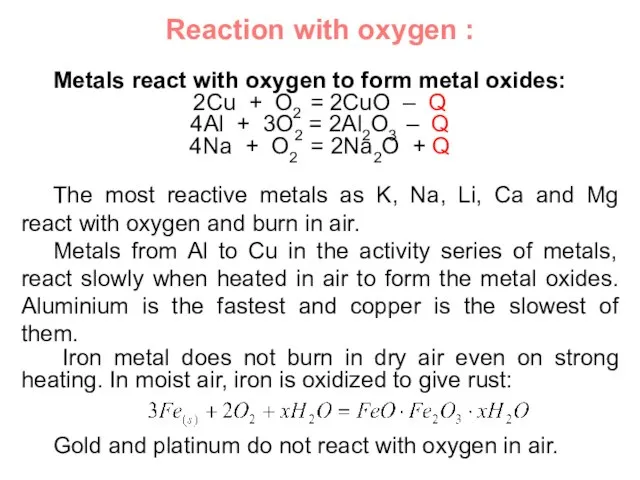 Reaction with oxygen : Metals react with oxygen to form metal