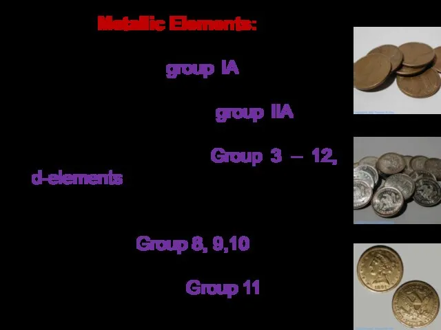 Metallic Elements: Alkali metals (group IA): Li, Na, K, Rb, Cs,