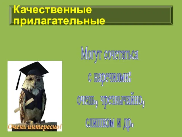 Качественные прилагательные Могут сочетаться с наречиями: очень, чрезвычайно, слишком и др.