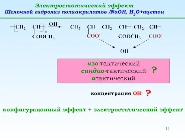 Электростатический эффект Щелочной гидролиз полиакрилатов /NaOH, H2O+ацетон изо-тактический синдио-тактический атактический ?